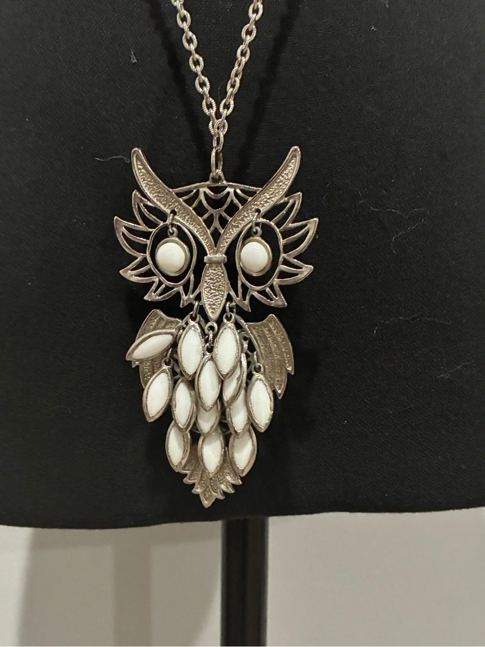 Owl Pendant Long Necklace - Silver and White